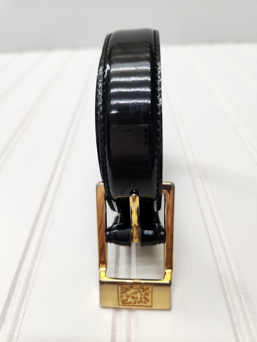 VTG Anne Klein Black Patent Leather Belt with Gold-Tone Buckle Size S